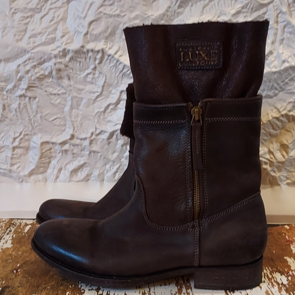 Women's Australia Lyxe Sheepskin Brown Leather Moto Biker Boot Size8